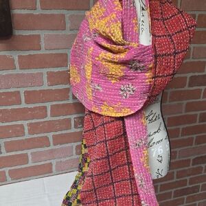 Vibrant Kantha Pink and Red Floral Scarf #66